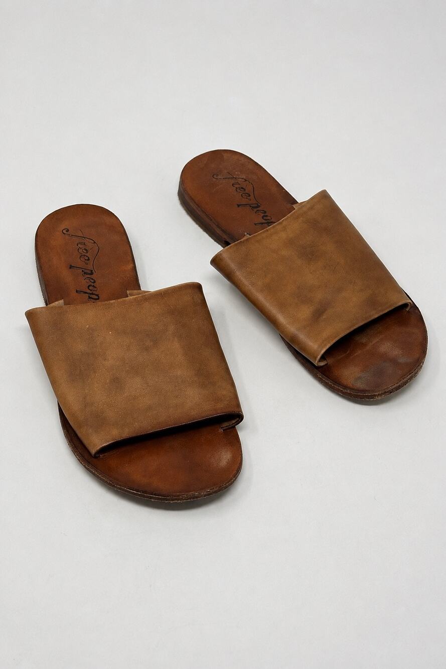 Free People Tan Leather Wide Strap Slide Sandals Women’s EU 37 US 7 Boho